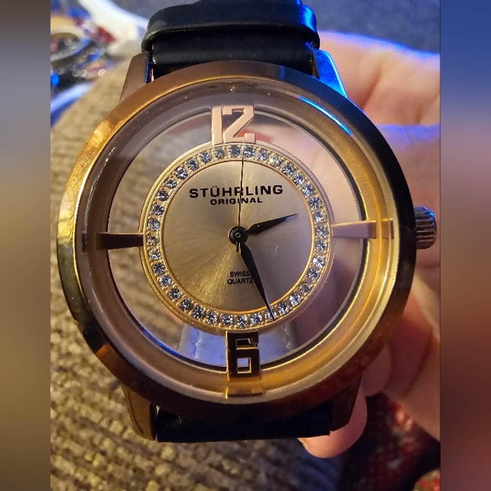 Stuhrling Exhibition Swiss Cathedral Mens Gold Watch 40mm Crystal face